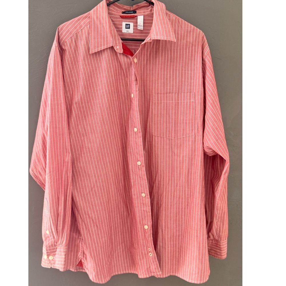 Gap‎ Mens Relaxed Fit Pinstripe Button Down Shirt Red Cotton L Coastal Preppy